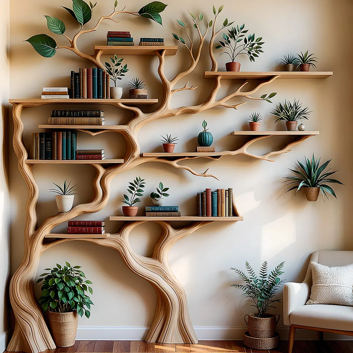 Tree Shaped Art Wooden Bookshelf - Vivid Design, Integrated With Bonsai Decoration Space