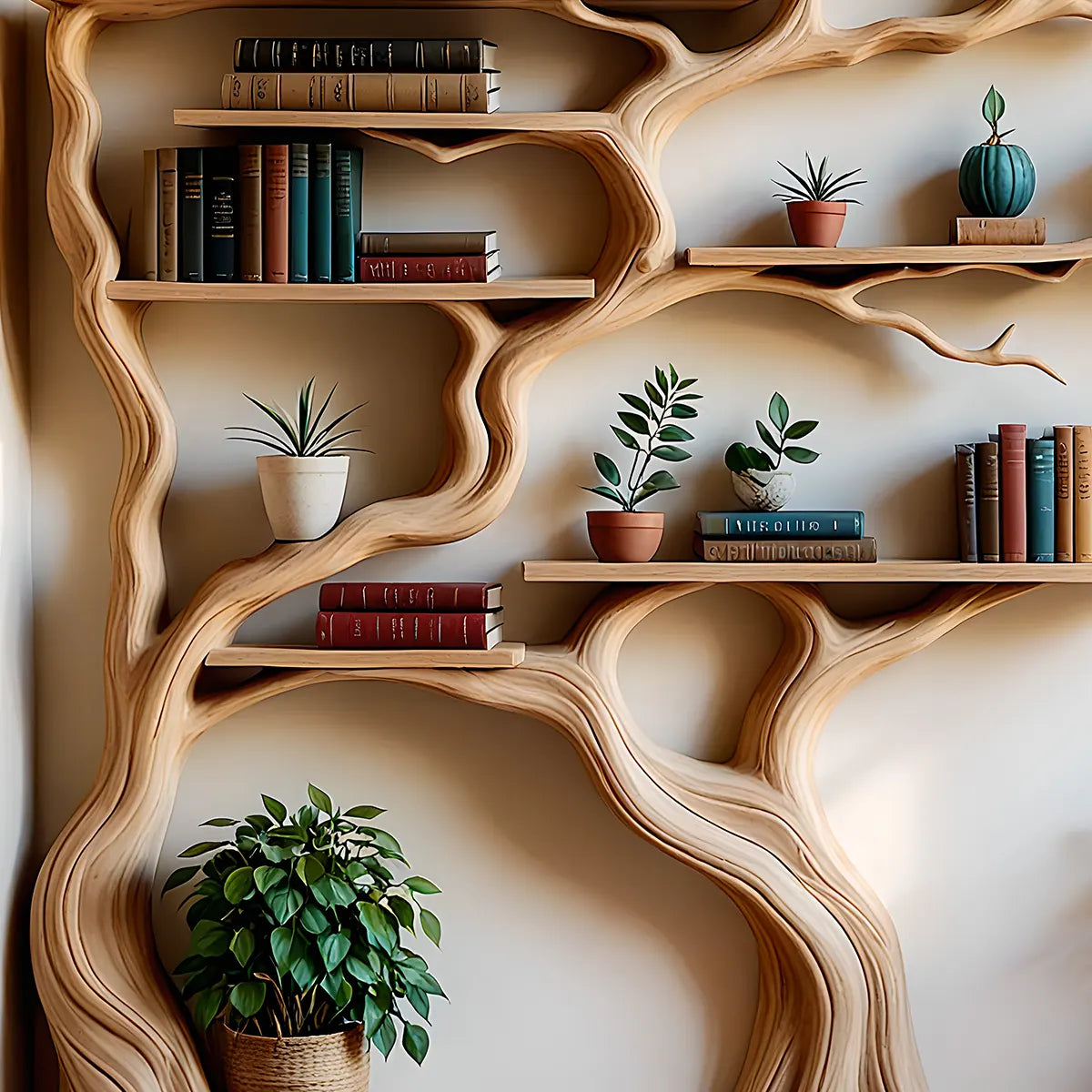 Tree Shaped Art Wooden Bookshelf - Vivid Design, Integrated With Bonsai Decoration Space