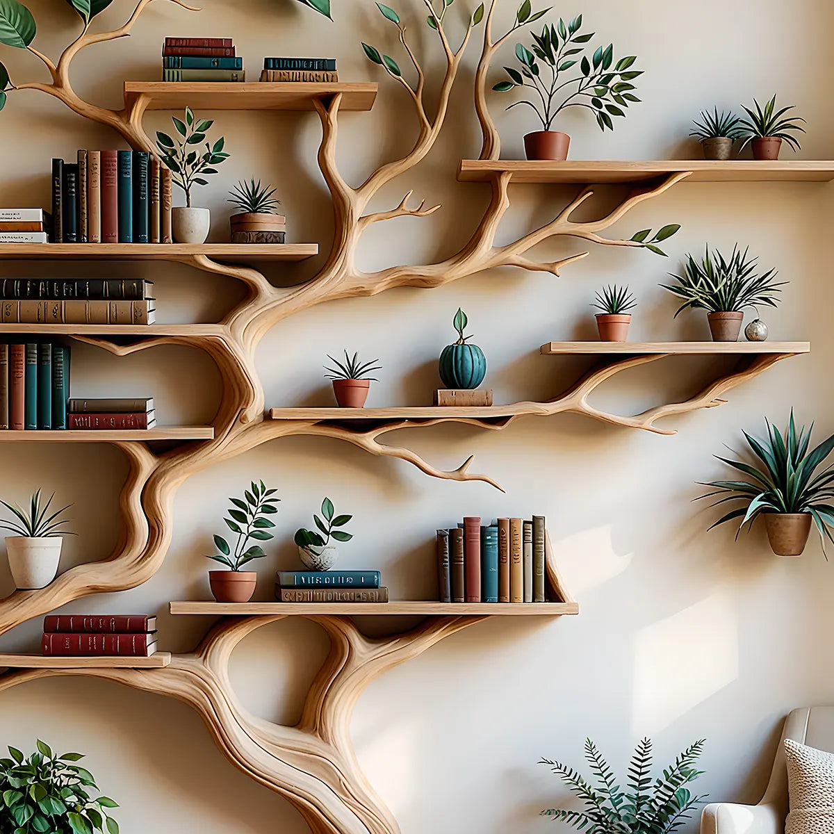 Tree Shaped Art Wooden Bookshelf - Vivid Design, Integrated With Bonsai Decoration Space