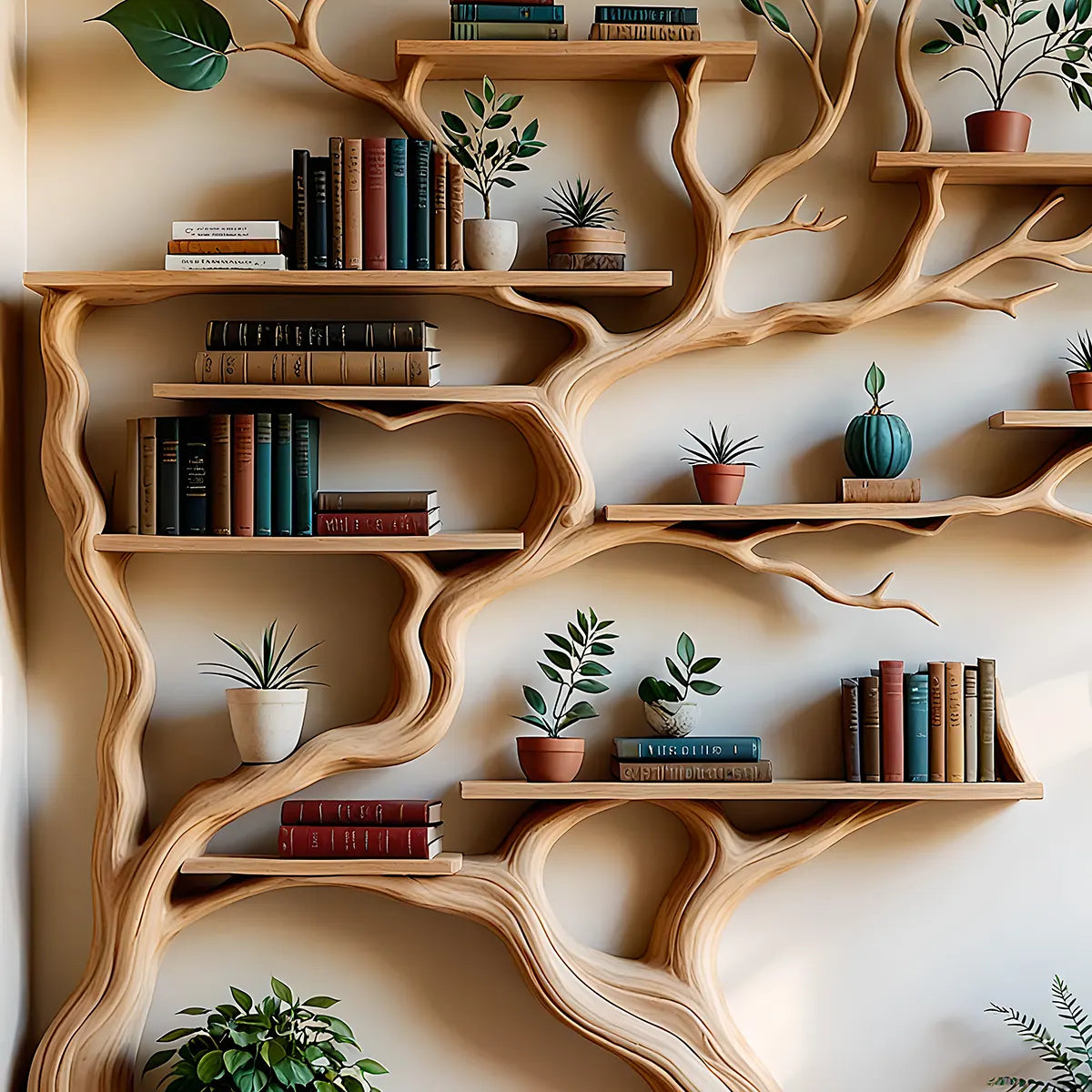 Tree Shaped Art Wooden Bookshelf - Vivid Design, Integrated With Bonsai Decoration Space