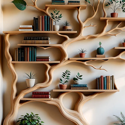 Tree Shaped Art Wooden Bookshelf - Vivid Design, Integrated With Bonsai Decoration Space